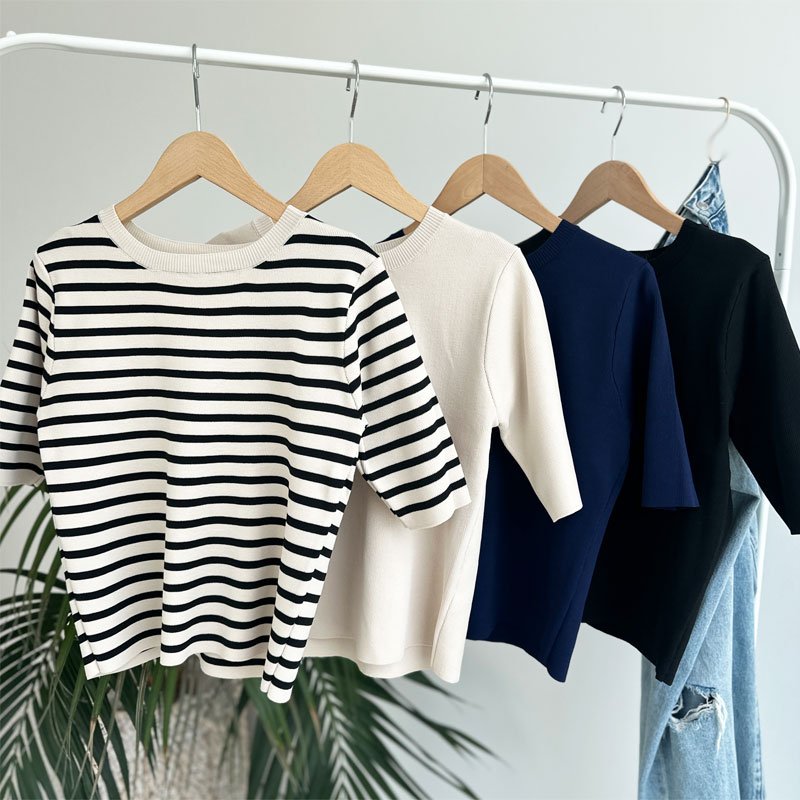画像1: ●SALE●ありそうでない!?シルエットバランス【LIVEご紹介アイテム】●5分袖ショートニット (1)