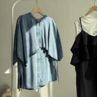 ●二の腕隠せるデニムシャツ【5/10 LIVEご紹介アイテム】●ケープデザインデニムシャツ