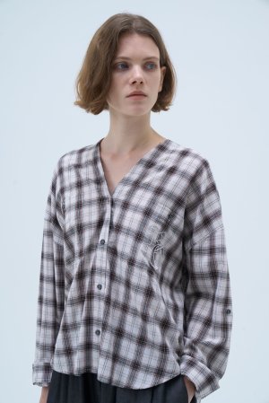 画像4: ●期間限定●数量限定●ご予約10倍ポイント対象●【11/7 LIVEご紹介アイテム】刺繍ロゴノーカラーチェックシャツ（予約/2-3）