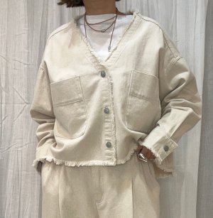 画像2: ●期間限定/ご予約10倍ポイント●【1/26 PRIORITY】デニムノーカラークロップドシャツ（予約/6-7）