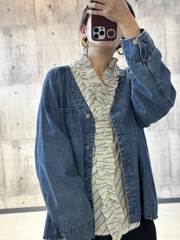 画像2:  期間限定/ご予約   生産枠限り    【8/19展示会LIVE】ノーカラーデニムシャツジャケット（予約/9-10月） (2)