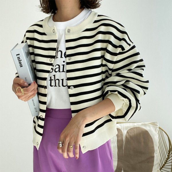 画像12: ●SALE●【liveご紹介アイテム】前後着用OK!2way!! border balloon sleeve cardigan (12)