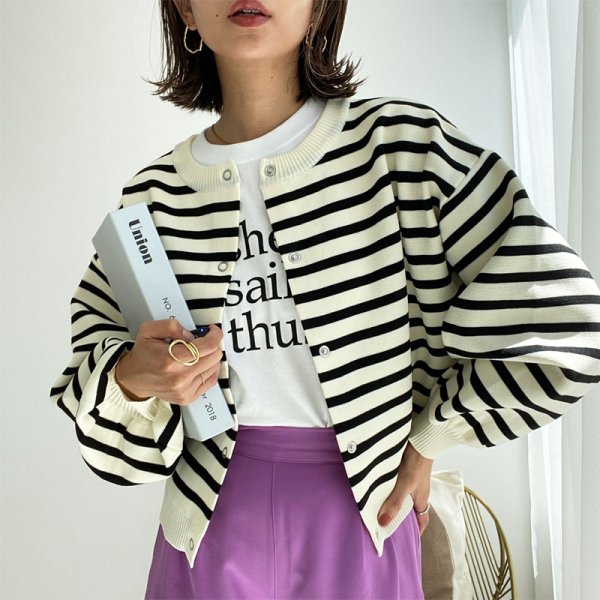 画像6: ●SALE●【liveご紹介アイテム】前後着用OK!2way!! border balloon sleeve cardigan (6)