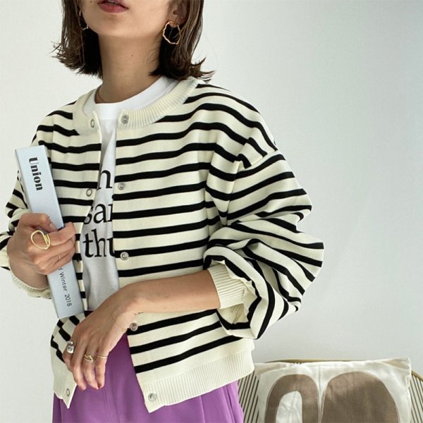 画像10: ●SALE●【liveご紹介アイテム】前後着用OK!2way!! border balloon sleeve cardigan (10)