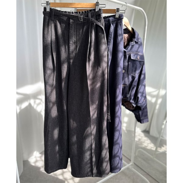 画像2: ●細ベルト付ワイドデニムパンツ(セットアップ可能)【LIVEご紹介アイテム】 (2)