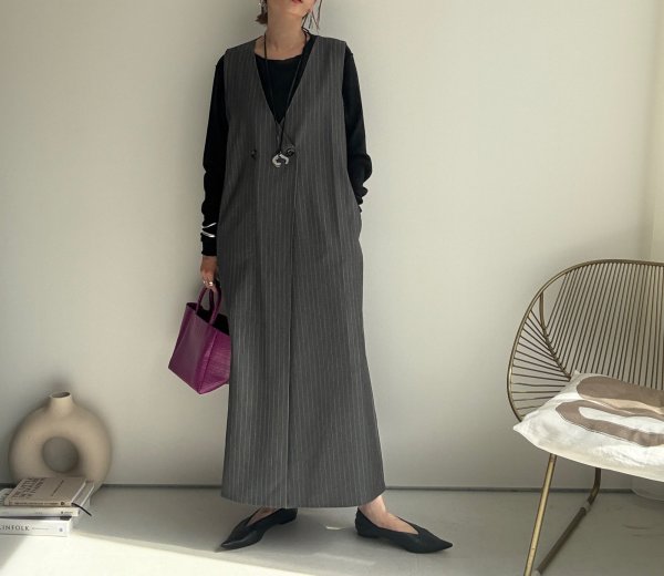 画像2: 【9/3 LIVEアイテム】サイドラインピンストライプジャンパースカート (2)