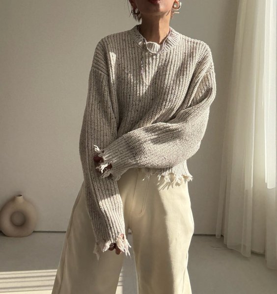 画像4: ●ぽつぽつ素材が可愛い【11/9 LIVEアイテム】ミックスカラーフリンジショートニット (4)