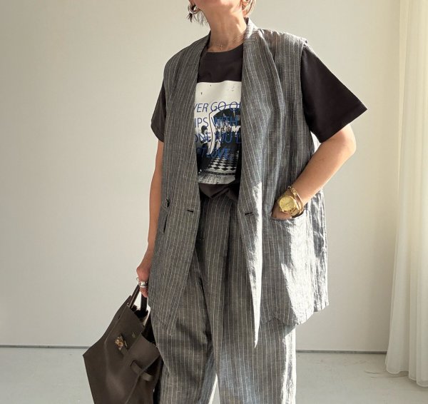 画像3: ●期間限定/ご予約10倍ポイント●【1/17 LIVE】リネンミックスピンストライプジレ（セットアップ可能）（予約/4-5） (3)