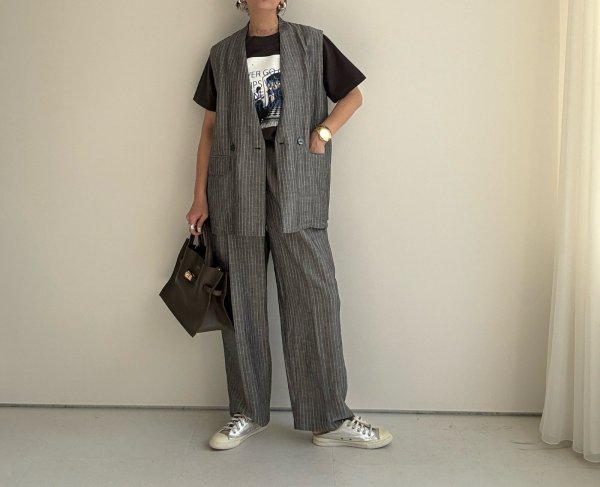 画像2: ●期間限定/ご予約10倍ポイント●【1/17 LIVE】リネンミックスピンストライプジレ（セットアップ可能）（予約/4-5） (2)